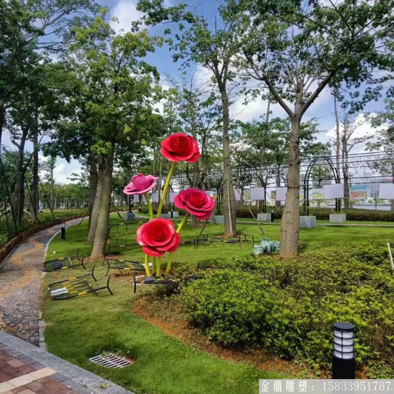 不銹鋼仿真玫瑰花雕塑，公園花朵雕塑