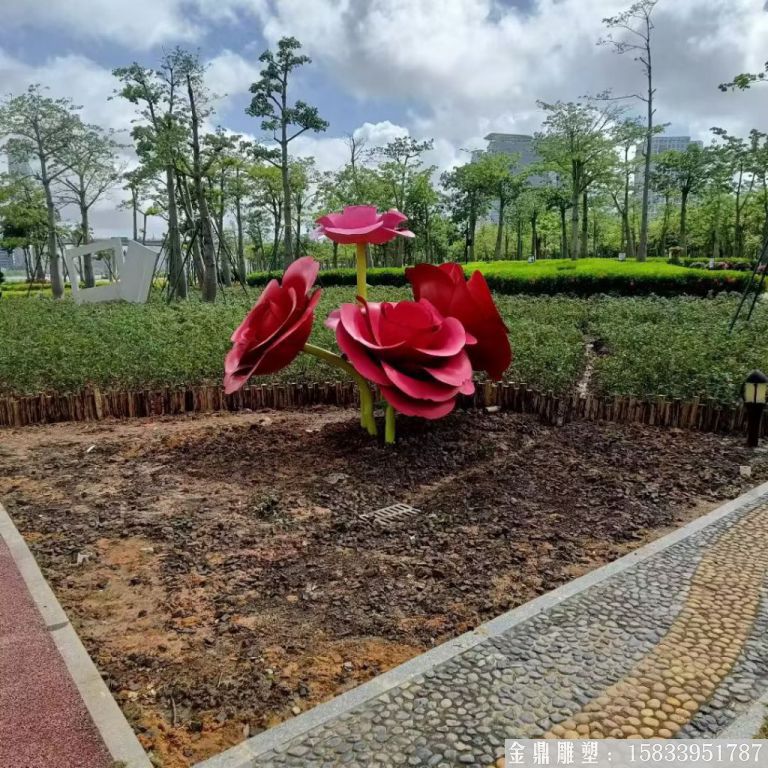 不銹鋼仿真玫瑰花雕塑，公園花朵雕塑1