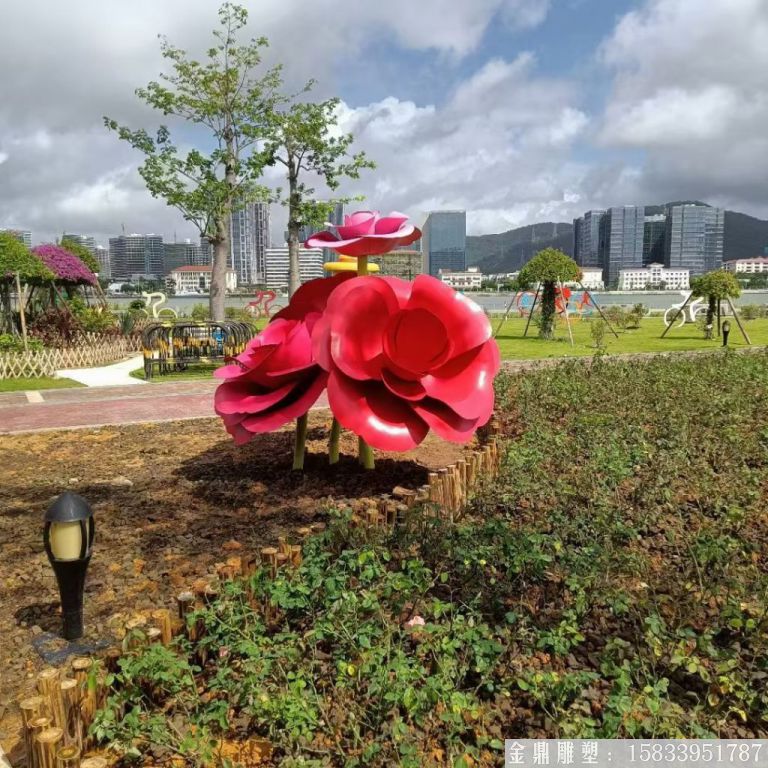 不銹鋼仿真玫瑰花雕塑，公園花朵雕塑2