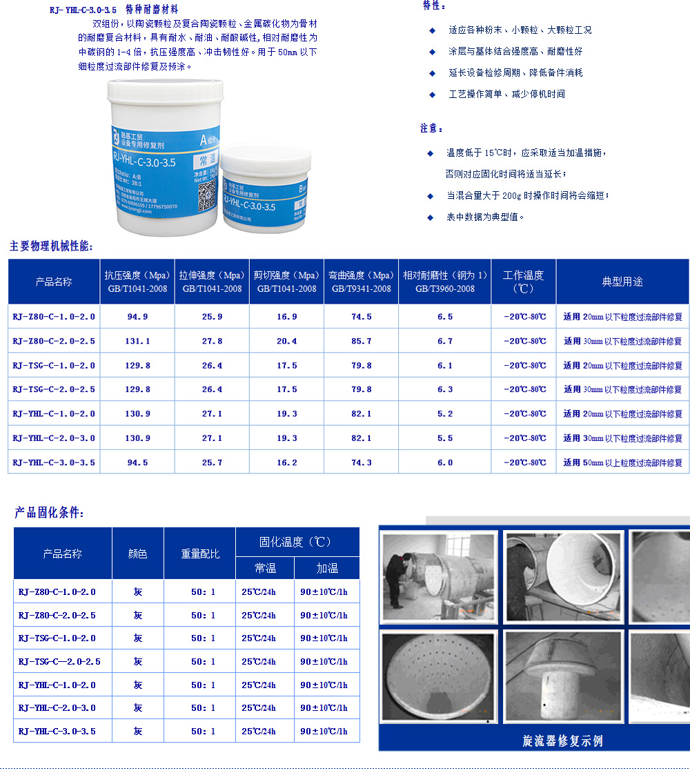 常溫復合陶瓷系列耐磨材料為雙組分，以陶瓷顆粒及復合陶瓷顆粒、金屬碳化物為骨材與PDMG預聚體為基礎的耐磨復合材料，具有耐水、耐油、耐酸堿性。適用（-60℃-80℃）設備過流沖蝕、設備的大面積修復、設備預涂耐磨層，如旋流器、浮選柱、浮選機、泡沫槽、分級機、攪拌桶、溜槽、管件類、泵類等修復。